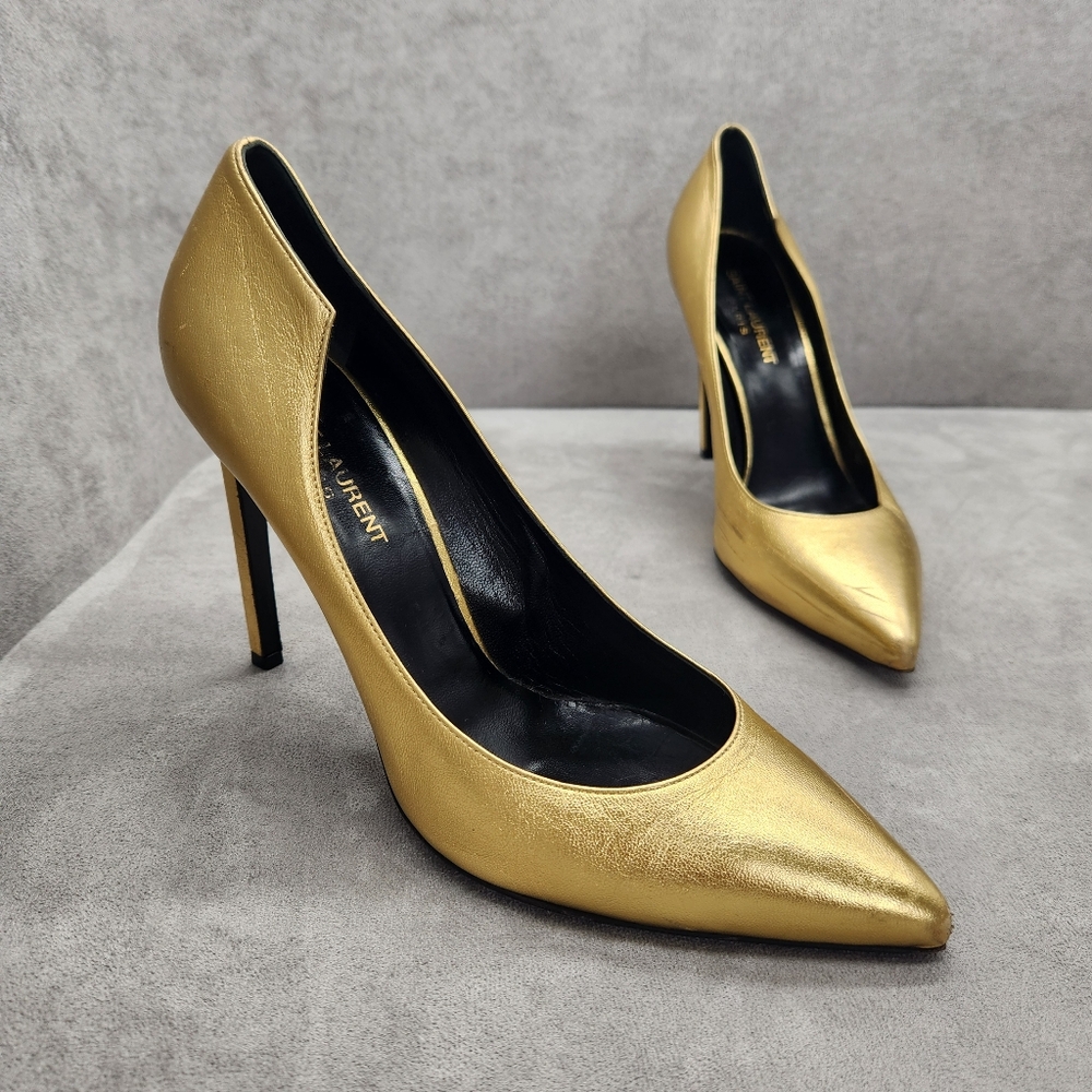 Saint Laurent Pumps 8.5 Golden Leather Stiletto Pointed Toe Luxury Made In Italy